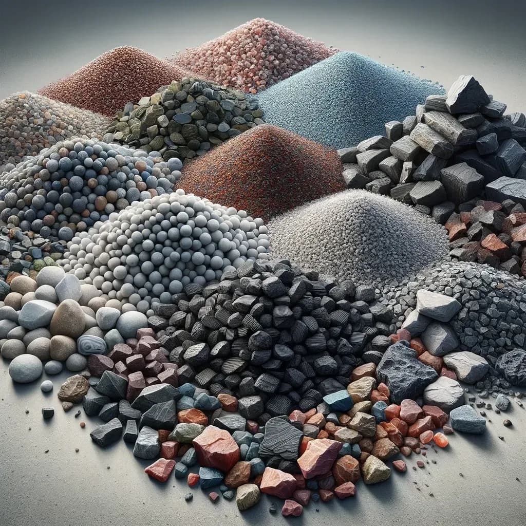 Several varieties of landscaping gravel and decorative stone side by side